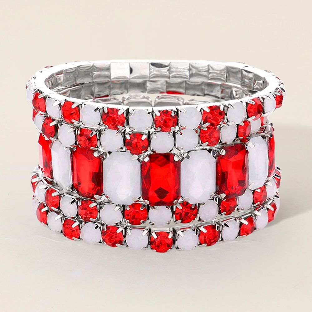 Red White Emerald Cut Crystal Wide Stretch Bracelet 5 Pcs Bling 1.5 Inches